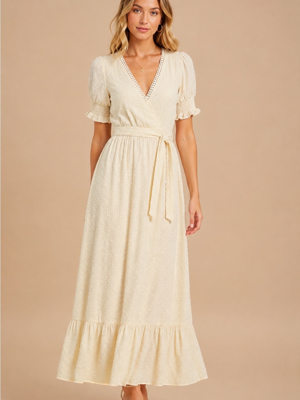Lulu's Cream Swiss Dot Wrap Maxi Dress